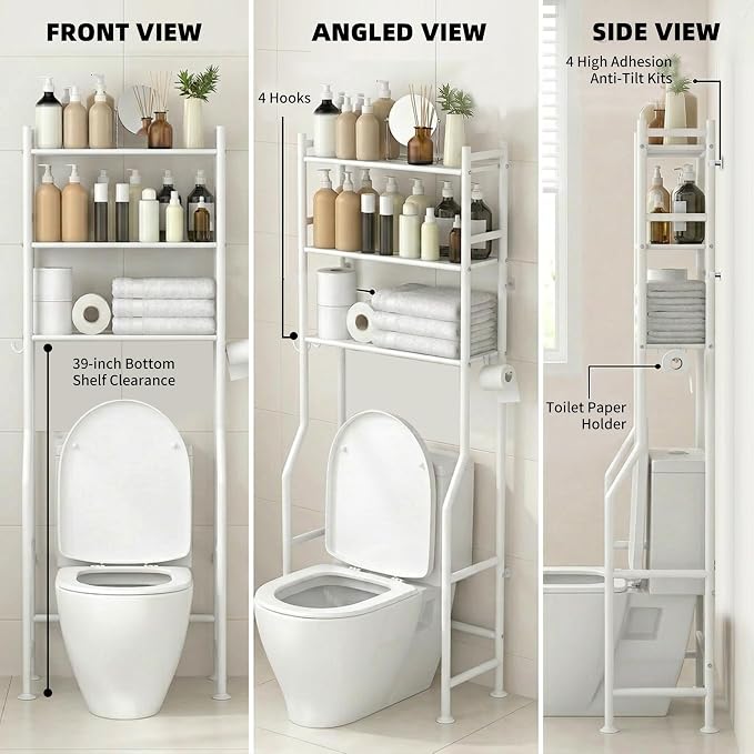 GloTika 3-Tier Over Toilet Storage, Anti-Tilt, 64" H, White | Anti-Tilt Safety System, 150lb Capacity, Carbon Steel, Freestanding, No Drilling, Anti-Rust Coating, Paper Holder & 4 Hooks
