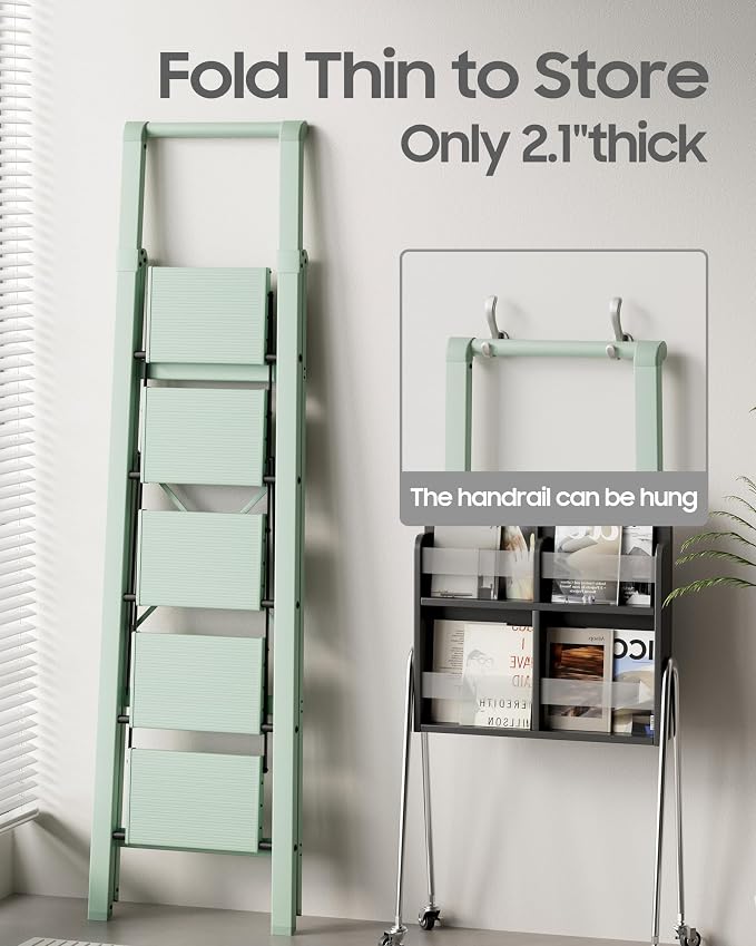 HillhutApex Aluminum 5 Step Ladder, Step Stool Foldable Ladder(Pale Green) | Stepladder with Handgrip,Anti-Slip Pedals,330lbs Capacity,Lightweight Portable Folding Ladder for Home,Office,Libaray