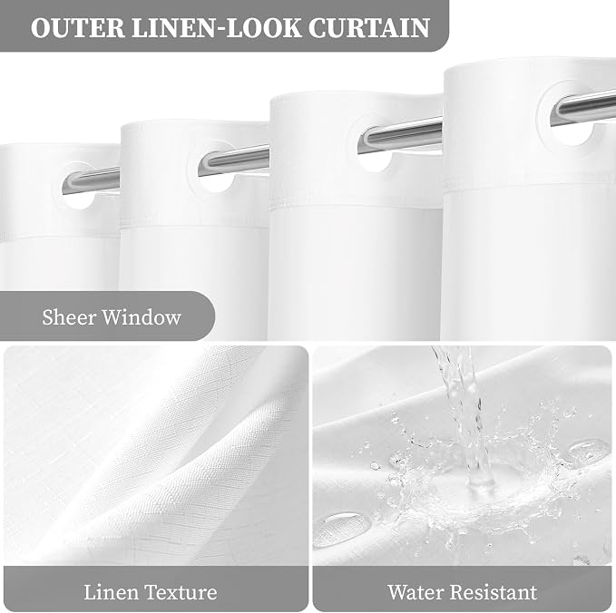 White Ringless Linen Textured Shower Curtain with Snap in Liner, 72x75 | 3 in 1 Hotel Shower Curtain Set, Removable Liner, Waterproof & Washable, Mesh Top Window, Durable Fabric, Easy to Install