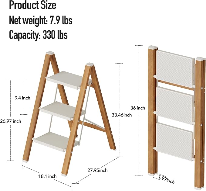 Mayi Plus 3 Step Stool Foldable, Aluminum, Lightweight Step Ladder | Extra-wide anti-slip folding steps with 330 lbs, for home,kitchen,office,outdoor,White & Woodgrain.