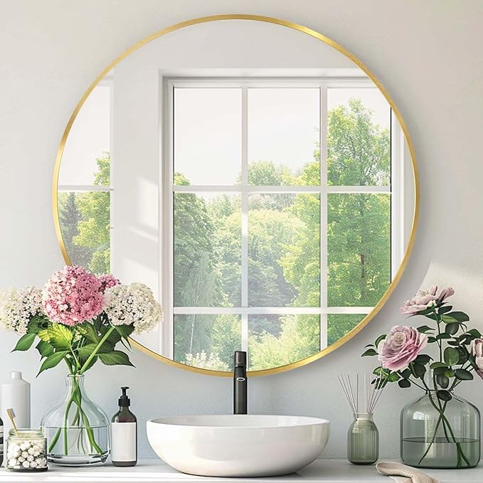 Round Gold Mirror 22 Inch, Brushed Gold Metal Frame, Circle Mirror | Circular Wall Mounted Mirrors for Bathroom, Living Room, Bedroom, Entryway, Hallway, Dining Room, Wall Decor, Waterproof