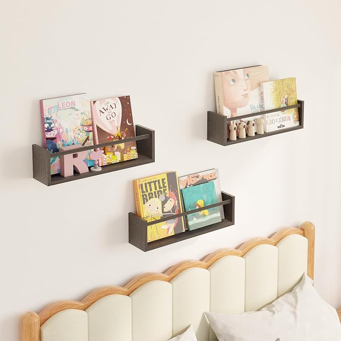 Fixwal Floating Nursery Book Shelves for Wall, 16.5in, Set of 3, Brown | Solid wood shelves store kids' books, toys and clothing. Fits kids' room, playroom, nursery, living room, bedroom & bathroom.