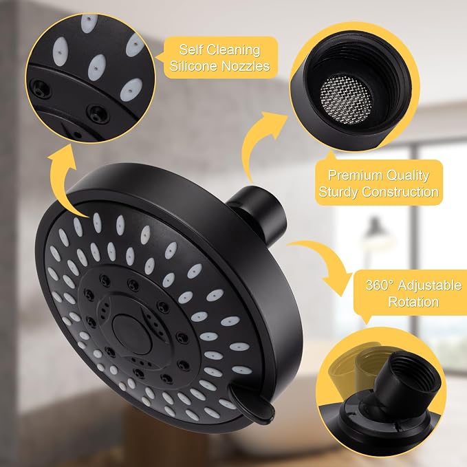 AISOSO High Pressure Rain Shower Head 5 Modes Showerhead 4.1" Matte Black | Low Water Pressure Compatible, Powerful Spray Fixed Showerhead for a Relaxing Indoor & Outdoor Shower