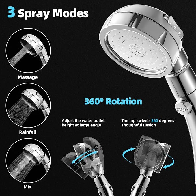 Marbrasse High Pressure Shower Head, 3-Settings Handheld Showerhead with ON/Off Full Shutoff Push Button and Switch to Control Flow, Angle-Adjustable Water Saving Body Sprays(Chrome)