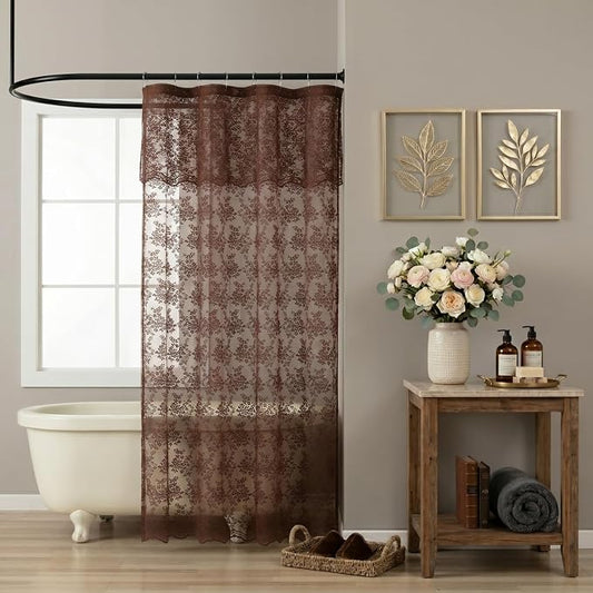 Brown Lace Shower Curtain 36x72, Narrow Stall with Attached Valance | Chocolate Brown Shower Curtain with Scalloped Floral Trim, Sheer for Rustic Farmhouse Stalls, RVs and Small Bathrooms
