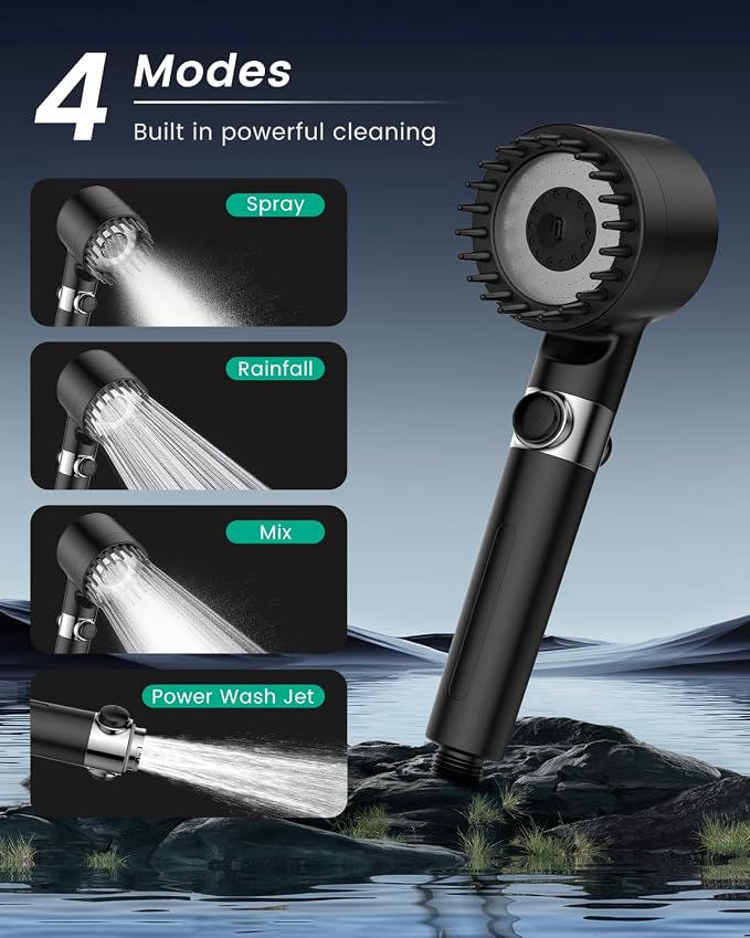 Filtered Shower Head with Handheld 4PCS Filters ShowerHead | 4 Spray, High Pressure Shower Heads with ON/OFF Button, Water Softener for Hard Water, 70" Hose, Remove Chlorine