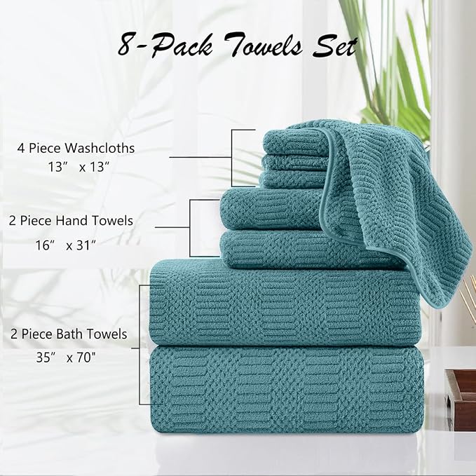 8 Pcs Turquoise Oversized Bath Towel Set-2 Extra Large Bath Sheets,2 Hand Towels,4 Washcloths Soft Bathroom Towels Highly Absorbent Quick Dry Beach Chair Towels Woven Towels for Hotel and Spa