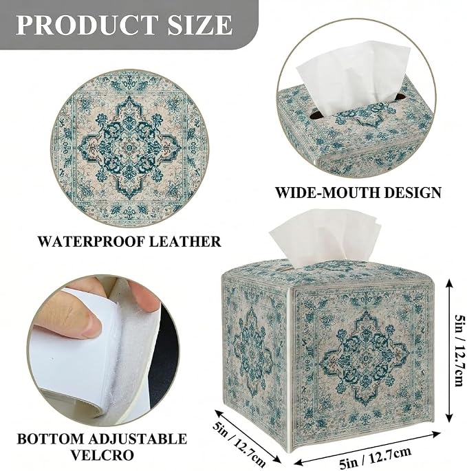 Tissue Box Cover Holder Square - Vintage Boho PU Leather Decorative Organizer, Ethnic Carpet Pattern Design Inspired, with Bottom Belt for Bathroom Car Office Tabletop Home, 5x5 Inch (Green&White)
