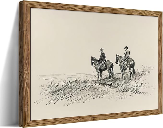 Framed Western Wall Art, Cowboys on Horses Sketch Picture Print, Western Wall Decor, Vintage Country Farmhouse Western Cowboys Canvas for Living Room Bedroom Home 16x24 inch