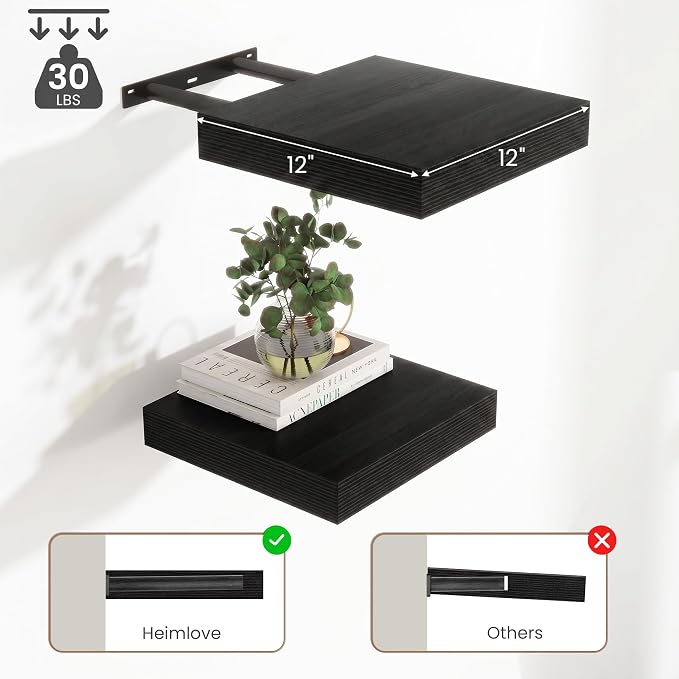 Deep Floating Shelves for Wall, 12 Inch Wide Small Wall Shelves Set of 2, 2 Inch Thick Invisible Wall Mounted Shelves for Bathroom Bedroom Nursery,Black