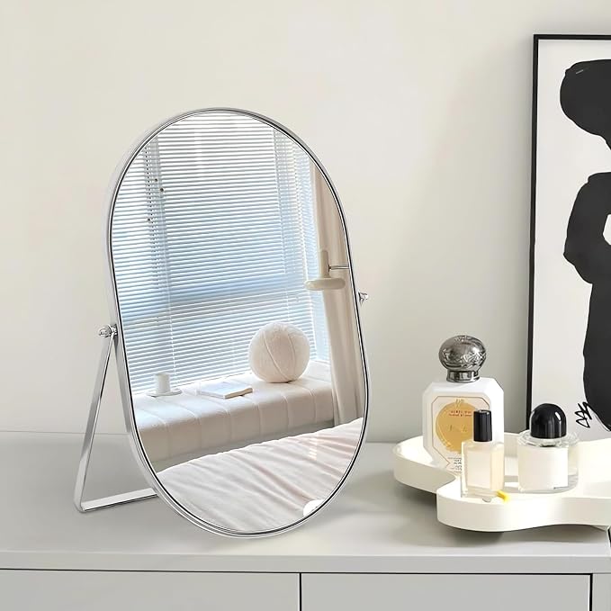 Vanity Makeup Mirror for Desk with Metal Stand Tabletop Mount Makeup Oval Mirrors 90°Adjustable Rotation Portable Cosmetic Mirror for Travel Bedroom,Office, Dresser,Countertop