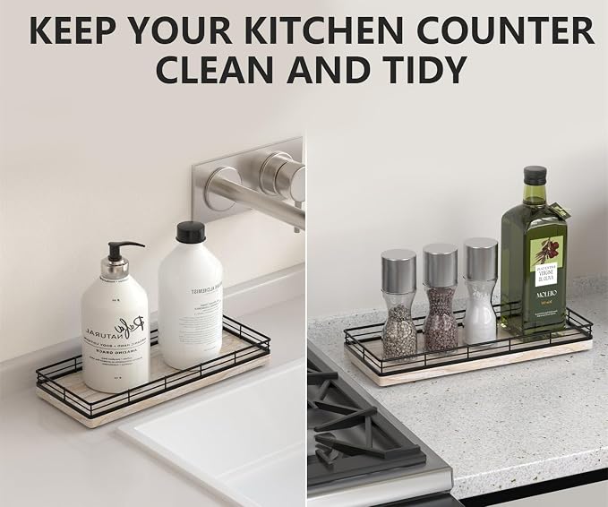 Bathroom Tray for Counter Top Organizer, Ash Wood Vanity Tray | Metal Frame for Dresser, Kitchen & Nightstand, Black & Whitewashed Decorative Storage