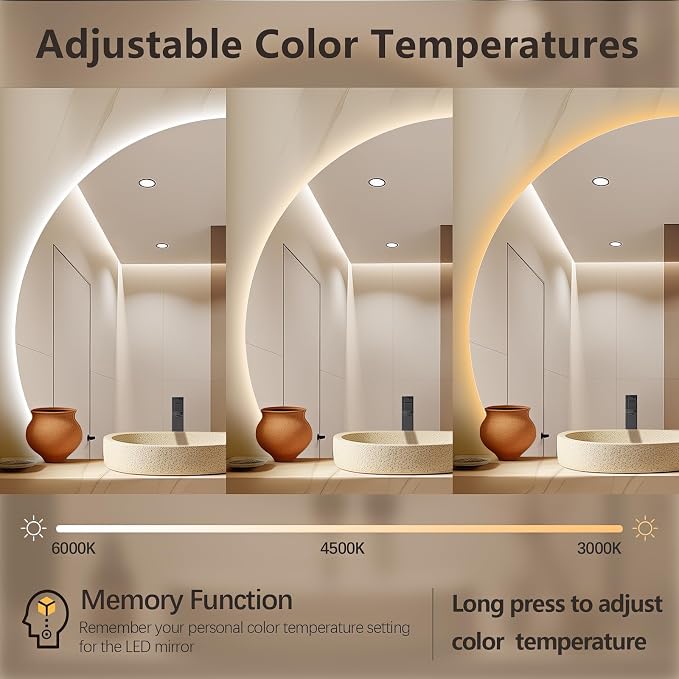 48" Half Moon LED Bathroom Mirror, Backlit Wall Mirror with Lights | Frameless Vanity Mirror with 3 Color Dimmable, Anti Fog, HD Shatter-Proof, IP65 Waterproof, Memory, CRI95+, Right/Left Cut