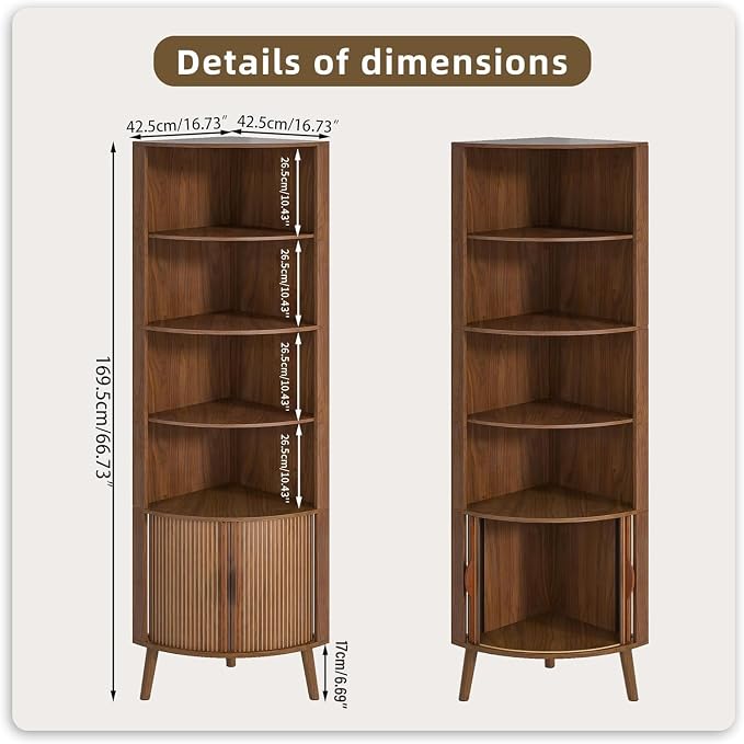 66'' Tall Corner Bookshelf with 2 Fluted Sliding Doors,Walnut | 5-Tier Corner Shelf, 5 Shelf Bookcase,Mid-Century Modern,Freestanding Display Storage Organizer for Living Room,Office