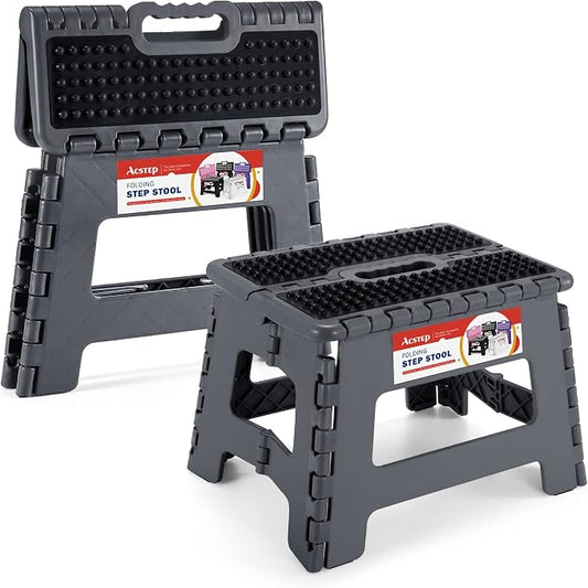 Folding Step Stool 9 inch Height Non-Slip Plastic Step Stools for Kids and Adults, Kitchen Collapsible Fold Up Small Stepping Stool Grey,1 Pack | Portable Foldable Stools, Heavy Duty Collapsible Foot Stool, Holds 300 lb for Adults Kitchen Bathroom Outd...