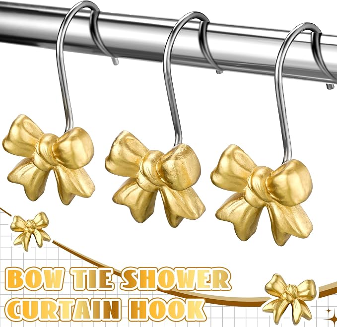 Yaocom 12 Pcs Gold Bow Shower Curtain Hooks Rustproof Metal Bathroom | Decorative Shower Hangers Bulk Glide Curtain Rings for Bathroom Bedroom Living Room Art Decoration