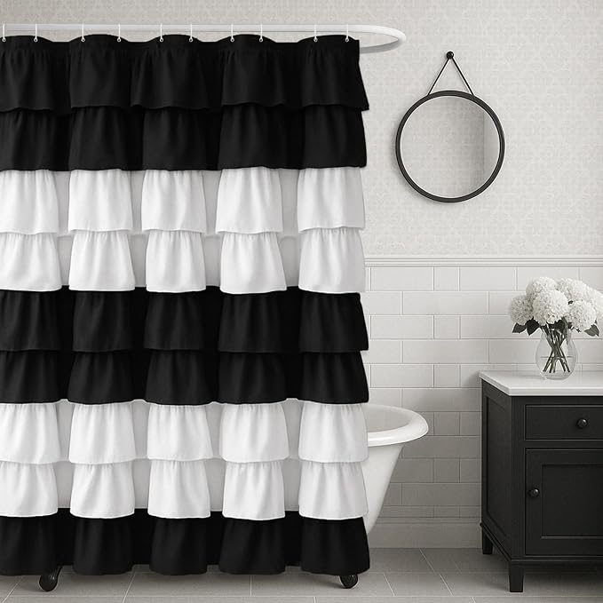 Seasonwood Ruffle Shower Curtain Black and White Shower Curtain, 72" x 72" | Cascading full-length fabric tiers, soft dimensional texture, vintage shabby chic styling for decorative bathroom updates