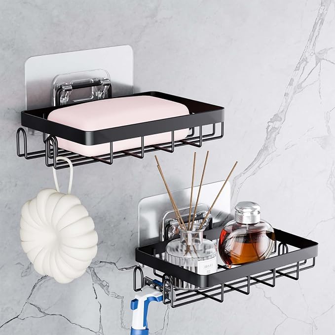 2 Pack Soap Holder with 4 Hooks for Shower, No-Drilling Soap Dish | Waterproof Stainless Steel Bar Soap for Bathroom Bathtub Kitchen Sink - Black