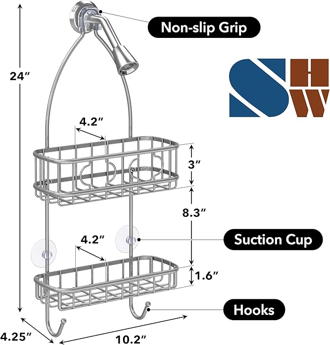 Simple Houseware Hanging Shower Head Caddy Organizer, 24 x 10, Silver | (24 x 10.2 x 4.25 inches)