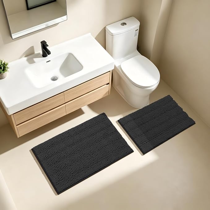 Bcoimo Bath Rug Mat Set, 2 Piece High Absorbent Chenille Bathroom Mat Black | Non Slip with Rubber Backing Bathroom Rugs set; Machine Washable;Extra Soft Bath Rug;High Absorbent、Quick Dry Microfiber mat