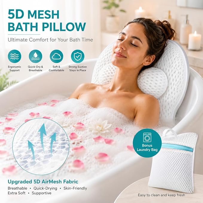 Bath Pillow Bathtub Pillow Luxury Bath Pillows for Tub Neck and Back Suppor | Neck and Back Support Headrest with Soft 5D Mesh Fabric and Non-Slip Suction Cups,Relaxing Bath Accessories Spa Gifts