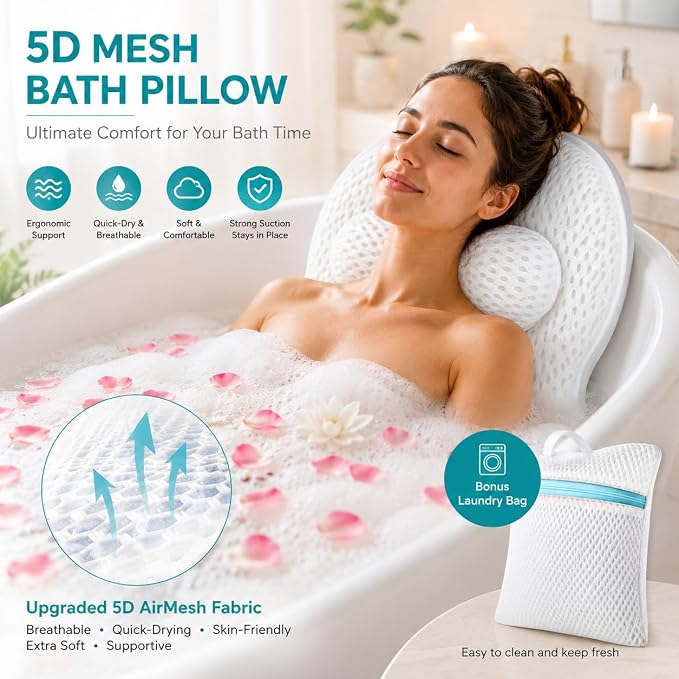Bath Pillow Bathtub Pillow,Luxury Bath Pillows forTub Neck and Back Suppor | Neck and Back Support Headrest with Soft 5D Mesh Fabric and Non-Slip Suction Cups,Relaxing Bath Accessories Spa Gifts