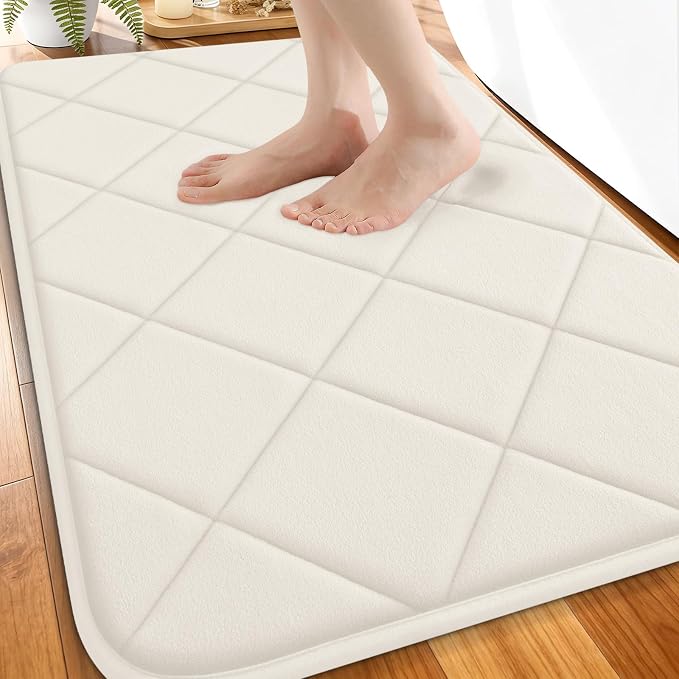 OLANLY Memory Foam Bath Mat 30x20, Ultra Soft and Absorbent Bathroom Rugs | Ivory, Quick Dry, Machine Washable Shower Bath Rugs, Comfortable Bath Carpet for Bathroom Floor, Tub and Shower