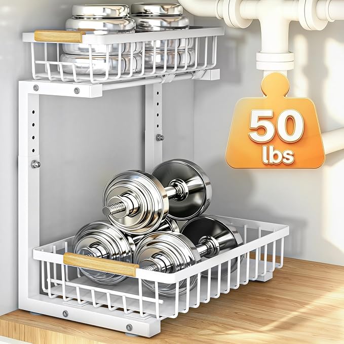 Under Sink Organizer, White 2 Pack Height Adjustable | 2 Tier Pull Out Drawer, Under Sink Organizers and Storage, Cabinet Storage for Kitchen Bathroom