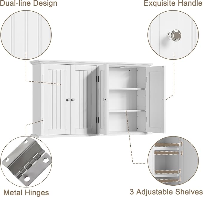 ChooChoo Laundry Cabinet with 4 Doors and Adjustable Shelves | 9.06"D x 40.9"W x 24"H, Bathroom Wall Cabinet, Cupboard, White