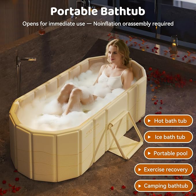 Portable Bathtub, Foldable Bathtub 59x21.6x19.6", Beige | Inflatable Bathtub Free Standing Tub with 2 Drain Ports, Space Saving, Hot Tub, Ice Bath Tub, Indoor Outdoor