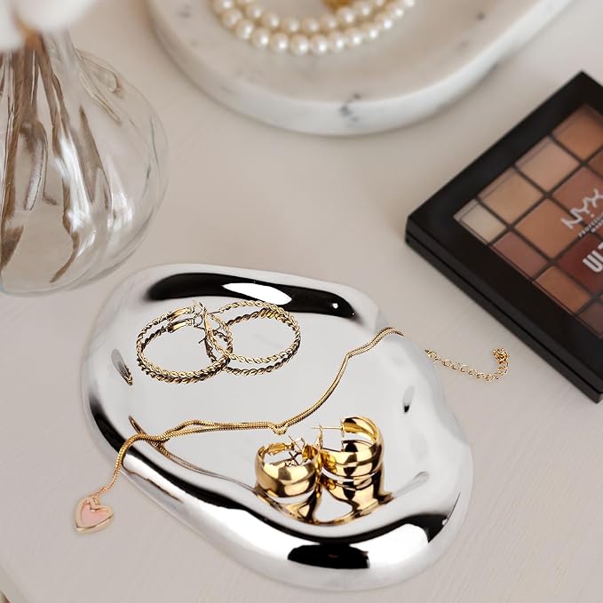 Silver Tray Decorative Vanity Tray Bathroom Tray Long Jewelry Dish | CHENDECOR Ceramic Silver Plate Holder Makeup Tray Home Organizers Irregular Storage Plate Bathroom Organizer