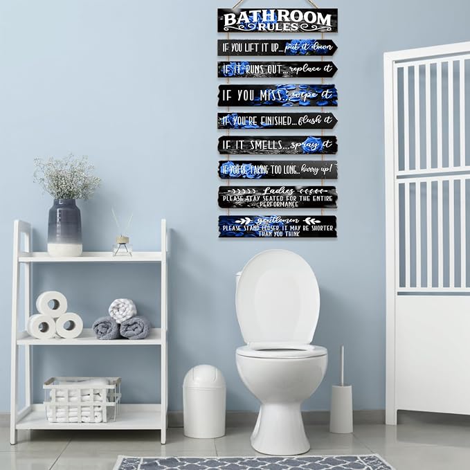 Bathroom Wall Decor Funny Bathroom Signs Bathroom Rules Pictures Wall Art Decor Rustic Farmhouse Toilet Decor Wooden Sign (Blue Rose)