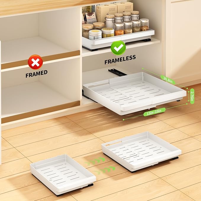 DOMNIU Pull Out Cabinet Organizers Expandable,White,20.8" Depth,2 Pack | Slide Out Drawers for Kitchen, Bathroom, Pantry, Under Sink Storage, Fixed with Adhesive Nano Film (13''-19'')