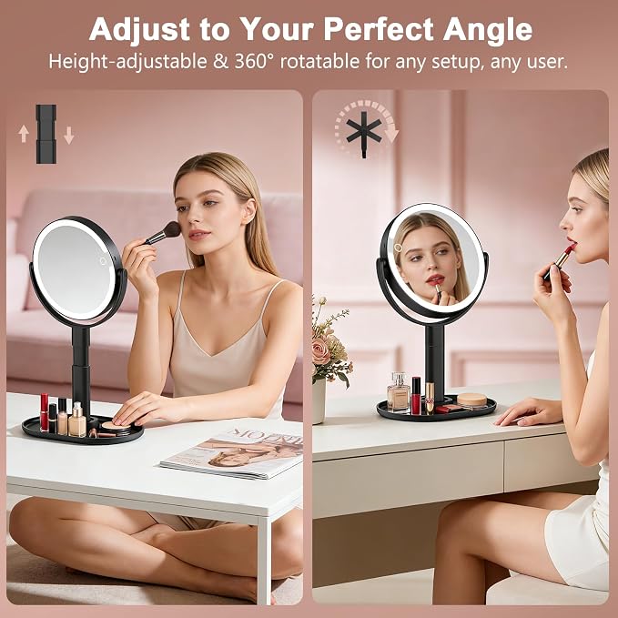 Rechargeable Lighted Makeup Mirror,10X Magnification, 7 Inch | 3 Adjustable Light Colors, Rechargeable Cordless Design, Adjustable Height, Storage Base with Phone Holder,Touch Control