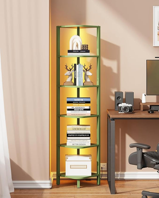 TUTOTAK Corner Shelf with LED Light, 6-Tier Corner Bookshelf | for Small Space, Narrow Display Corner Shelf Stand with Storage Rack, for Living Room, Bedroom, Olive Green BS08BOG006L