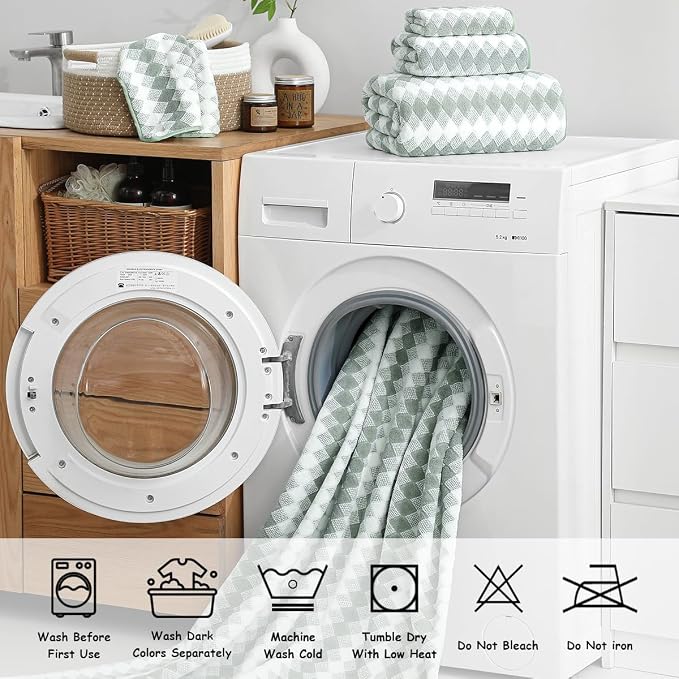 12 Pcs Green White Diamond Towel Set-4 Bath Towels,4 Hand Towels,4 Washcloths Soft Polyester Towels with Loop Absorbent Shower Towel Quick Dry Beach Chair Towel Family Towels for Bathroom Spa Gym Pool