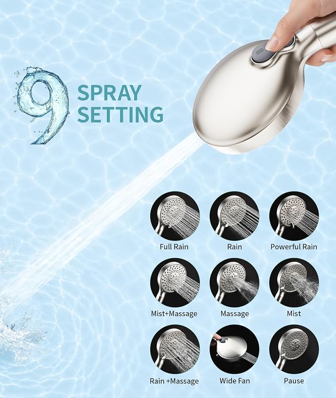 SR SUN RISE Filtered Shower Head with Handheld High Pressure 9 Spray Mode Showerhead Detachable Shower Head Water Softener Filters Beads for Hard Water Remove Chlorine 1 Filter Brushed Nickel