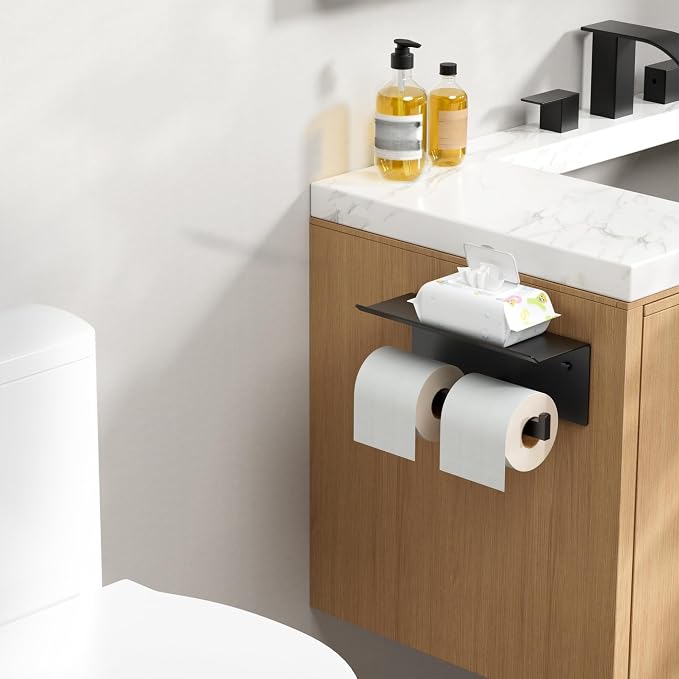 FORIOUS Toilet Paper Holder with Shelf, Commercial Toilet Paper Dispenser | Matte Black 2 Pack | SUS304 Stainless Steel Wall Mount Double Bathroom Tissue Roll Holder for Hotel, Apartments, etc