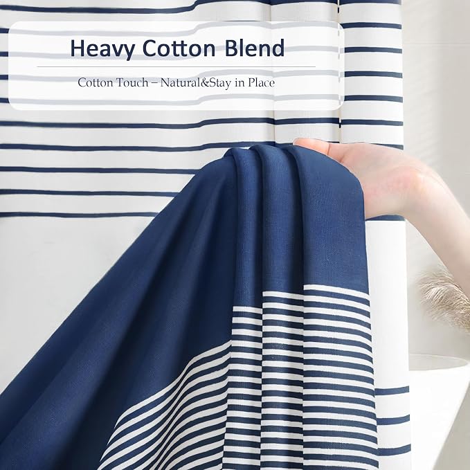 Navy Blue Coastal Ocean Cotton Striped Shower Curtain with Tassel 72W X 72L | Boho Farmhouse Shower Curtains for Bathroom with Soft Cotton Feel