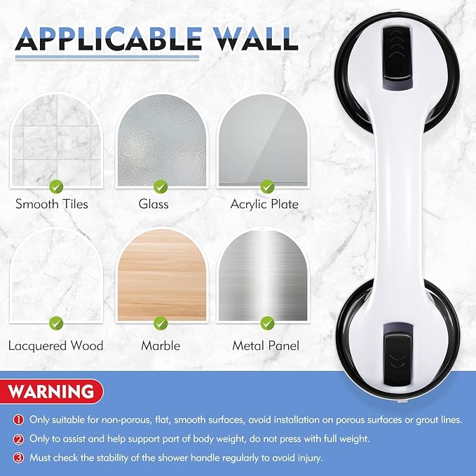 KVANT Grab Bars for Shower, 12 Inch Shower Handle for Seniors, 2 Pack Black | Strong Suction Cup, for Elderly, Handicap, Bathroom Wall, No Drill, Waterproof, Anti-Slip, Removable