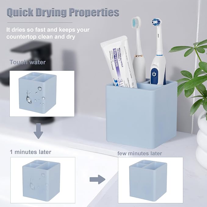Diatomite Toothbrush Holders Tooth Brush Organizer - Blue | Water-Absorbent Material, 3 Slots for Electric Toothbrush and Toothpaste, for Bathroom Countertop, Shower, Vanity