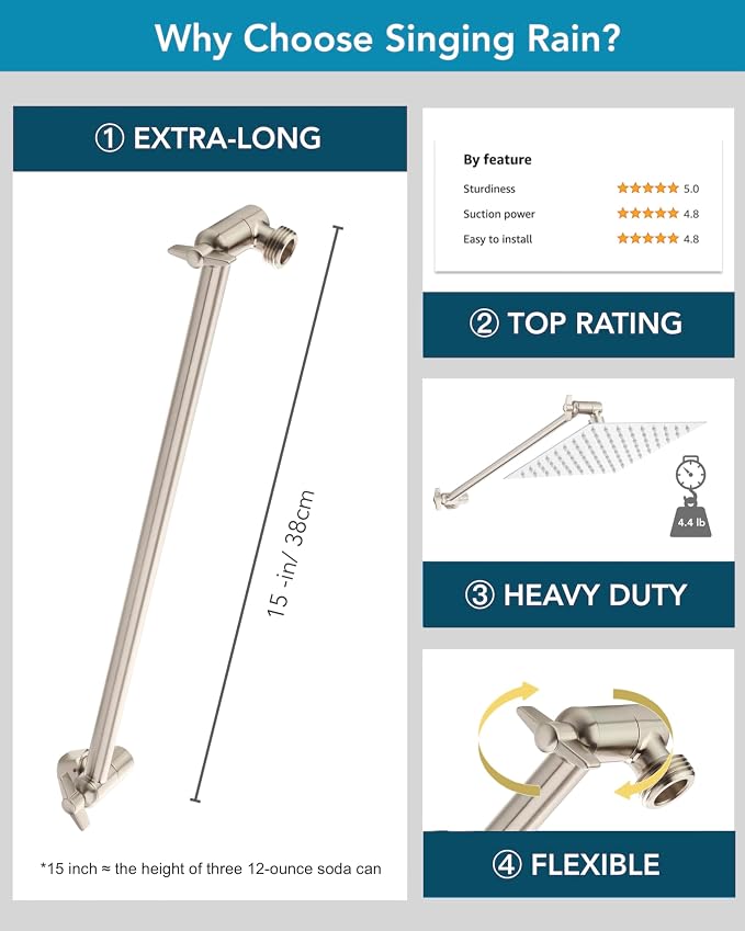 15 Inch Extra Long Adjustable Shower Head Extension Arm With Locking Set Screw, Singing Rain 304 Stainless Steel Angle Height Adjustable, G1/2 Universal Connector Compatible (Nickel Brushed)