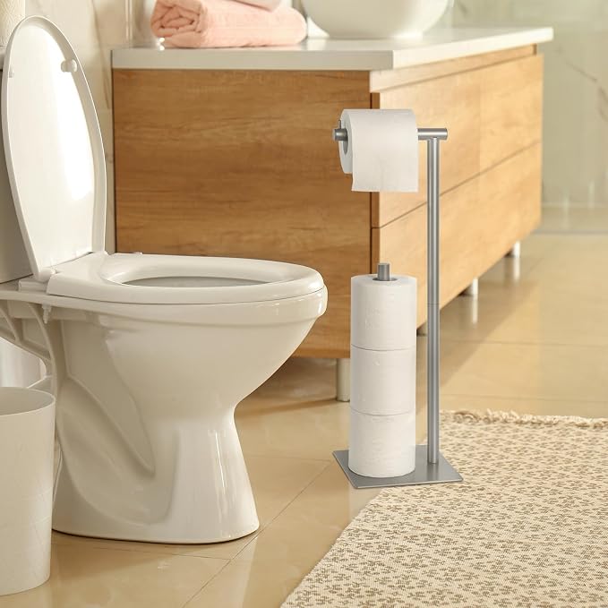 Toilet Paper Holder Stand Silver Toilet Paper Roll Holder for Bathroom, Freestanding Metal TP Holder with Reserve Toilet Tissue Storage Shelf, Holds Up to 4 Rolls of Paper | Freestanding TP Holder with Reserve Toilet Tissue Storage Shelf, Holds Up To 4...
