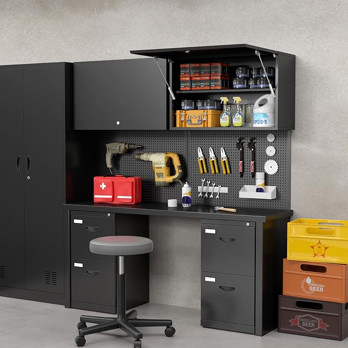 Garage Wall Cabinet, Metal Tool Cabinet with Lock&Adjustable Shelf | 20"H Wall Mounted Garage Storage Cabinets with Up-Flip Door, Black Steel Floating Locker for Basement, Workshop, Kitchen