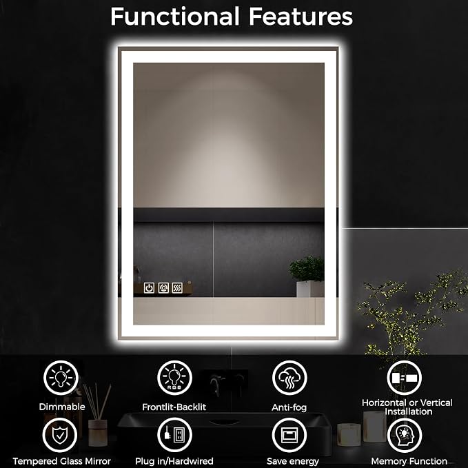 24"X32" LED Bathroom Vanity Mirror with Lights, Anti-Fog, Dimmable, Lighted Bathroom Mirror for Wall, Memory Function, Tempered Glass, Shatter-Proof, Backlit & Front Lit