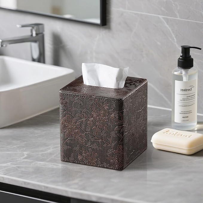 Square Tissue Box Cover, Stylish Leather Tissue Box Holder with Magnetic Bottom, Used As A Decorative Tissue Holder for Living Rooms, Bedrooms, and Desks (Brown Grape Pattern)