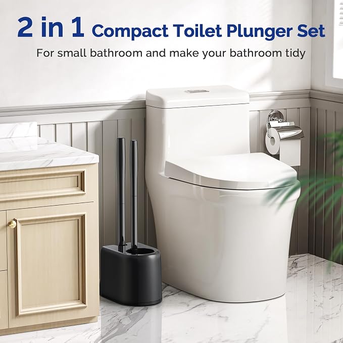HAMITOR Toilet Plunger Bowl Brush Combo：Heavy Duty Rubber for Drain Clog | Curved Design Bristles for Deep Cleaning Under Rim - Compact Bathroom Cleaning Tools for New Homet Essentials, Black