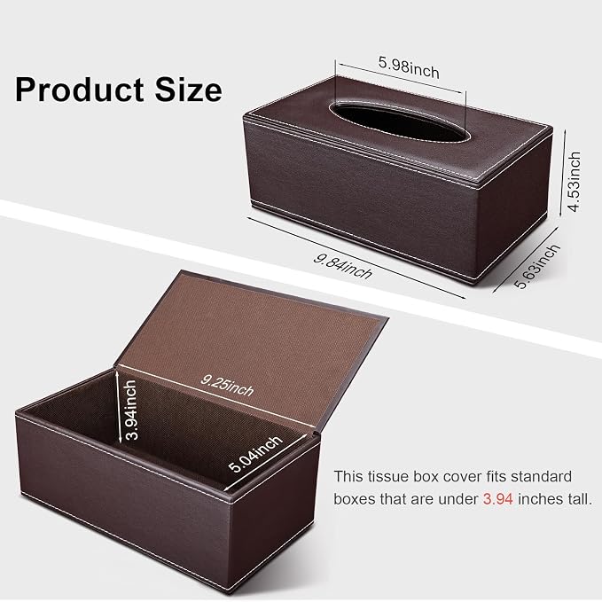 Tissue Box Cover Rectangle, PU Leather Tissue Box Holder Rectangular, Kleenex Box Covers for Home/Office/Car Decoration 9.84"X5.23"X3.77" - Brown