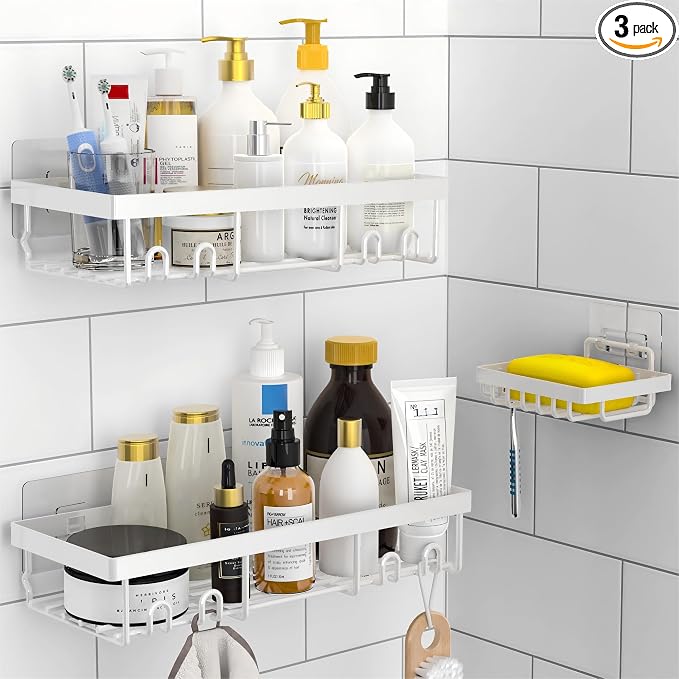 Moforoco 3-Pack Shower Caddy Basket Shelf with Soap Holder, No Drilling Traceless Adhesive Shower Wall Shelves, Rustproof Black Bathroom Shower Storage Organizer