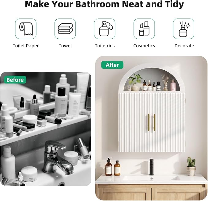 Kalrin Arched Wall Cabinet, Large Wood Bathroom Cabinet Wall Mounted Cupboard, Modern Floating Storage Cabinet with Acrylic Door Adjustable Shelf, Wood Organizer White